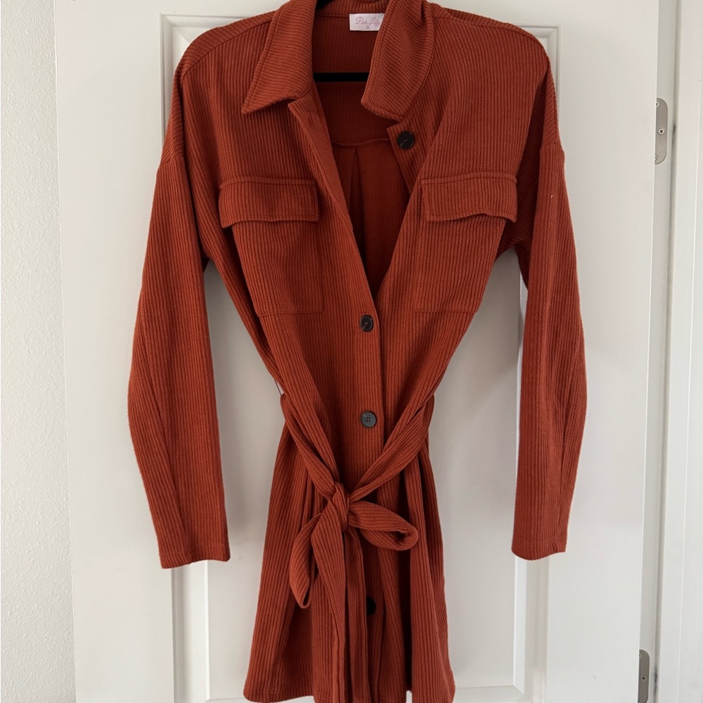 Pink Lily Rust Ribbed Knit Belted Shirt Dress
